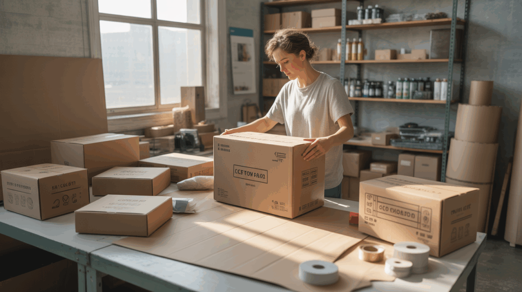 Scène réaliste dans un atelier d’e‑commerce où une personne assemble des emballages carton personnalisés dans une atmosphère naturelle et authentique.