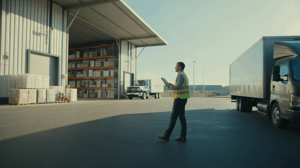 Scène réaliste montrant un gestionnaire inspectant l’extérieur d’un entrepôt moderne avec camions et quais de chargement.