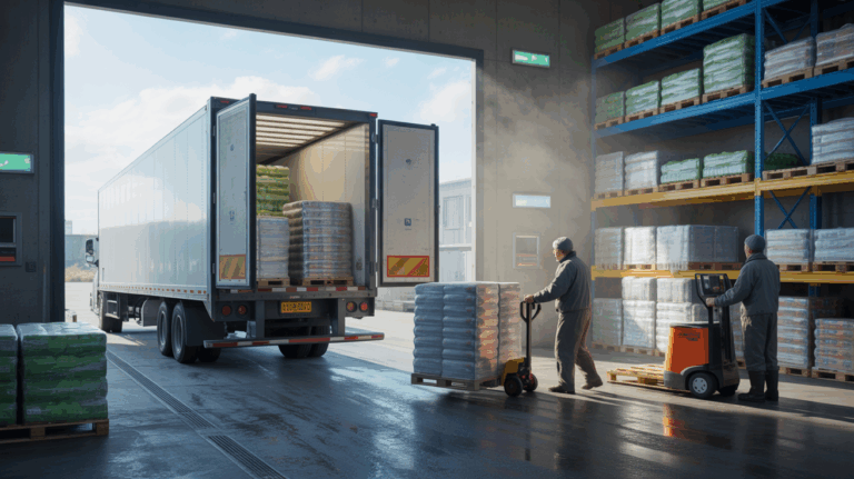 Intérieur réaliste d’un entrepôt frigorifique avec des employés chargeant un camion réfrigéré