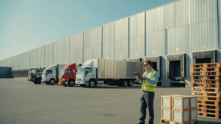 Scène réaliste d’un entrepôt logistique avec quais de chargement, camions et gestionnaire inspectant les installations.