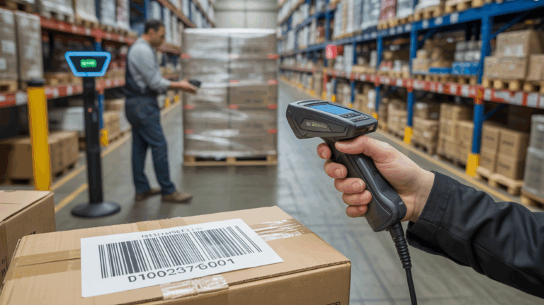 Scène réaliste dans un entrepôt logistique où un employé scanne un code-barres tandis qu’un autre supervise des palettes équipées de tags RFID.