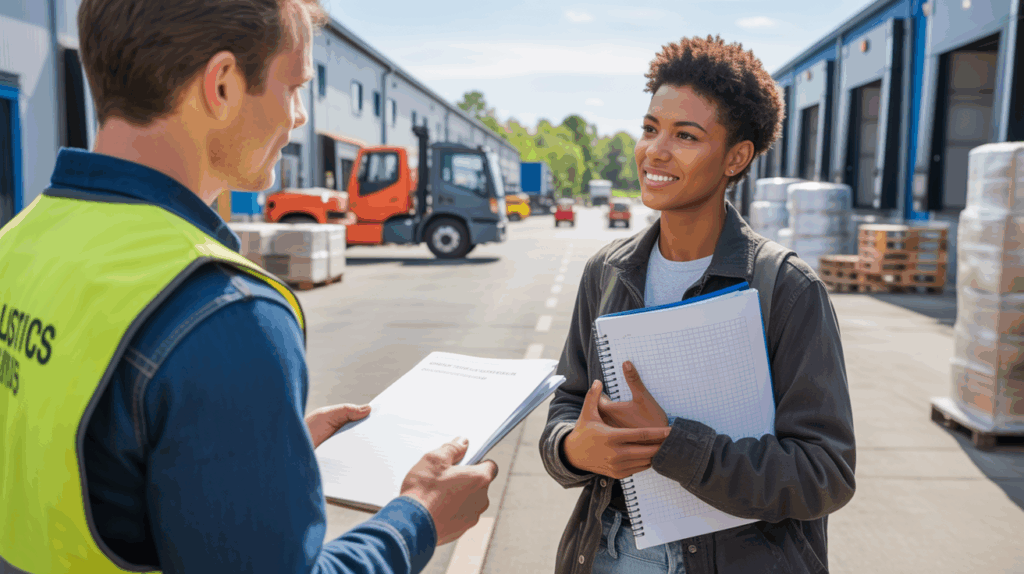 Un étudiant en logistique discutant avec un responsable devant un entrepôt réel, dans une scène naturelle et authentique.