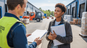 Un étudiant en logistique discutant avec un responsable devant un entrepôt réel, dans une scène naturelle et authentique.