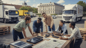 Scène réaliste d’étudiants en BTS transport en France travaillant sur des activités logistiques autour d’un campus moderne avec camions, matériel et ambiance naturelle.