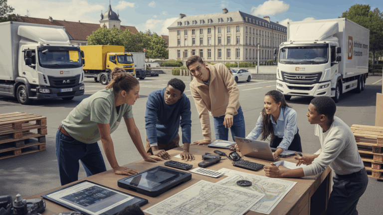 Scène réaliste d’étudiants en BTS transport en France travaillant sur des activités logistiques autour d’un campus moderne avec camions, matériel et ambiance naturelle.