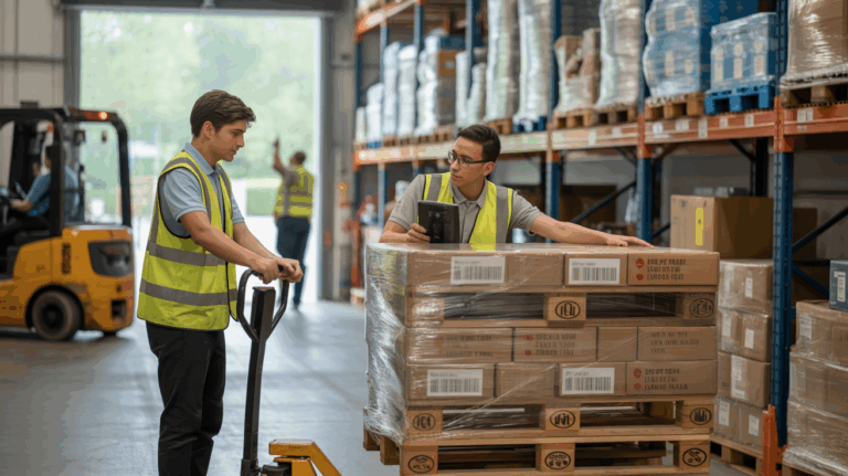 Scène réaliste d’étudiants en logistique en formation dans un entrepôt moderne, manipulant du matériel professionnel et des palettes dans un environnement authentique.