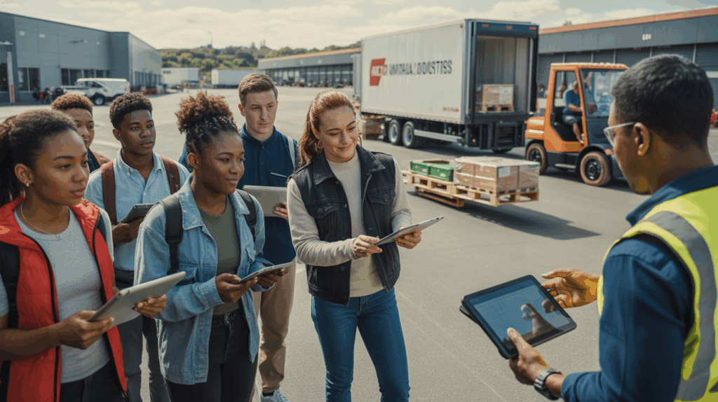 Scène réaliste d'étudiants en formation logistique observant des opérations de manutention dans un vrai entrepôt moderne.
