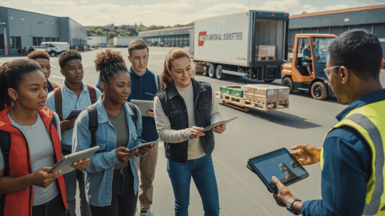 Scène réaliste d'étudiants en formation logistique observant des opérations de manutention dans un vrai entrepôt moderne.
