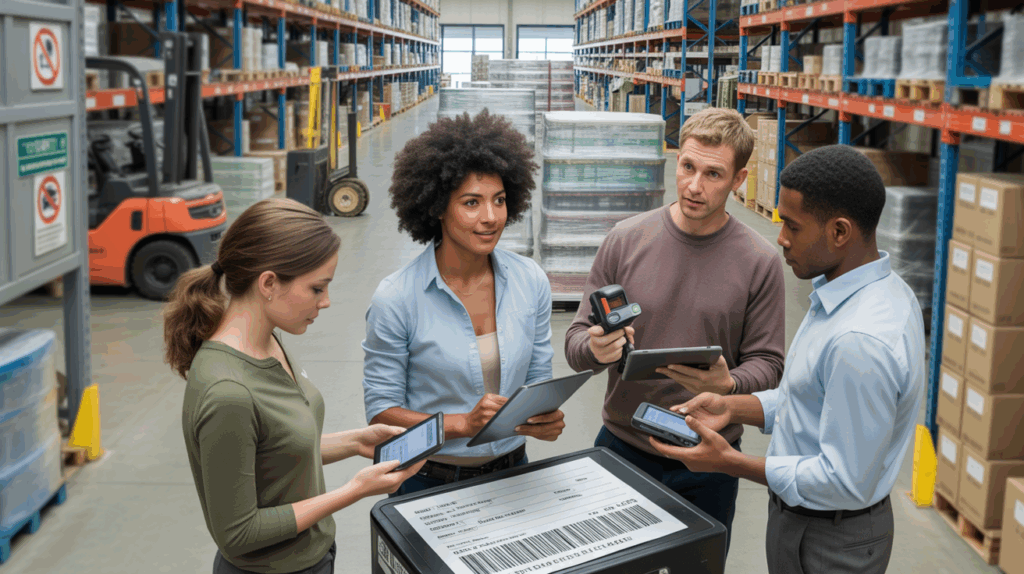 Scène réaliste d’adultes en formation logistique dans un centre moderne, pratiquant l’utilisation d’outils et d’équipements professionnels.