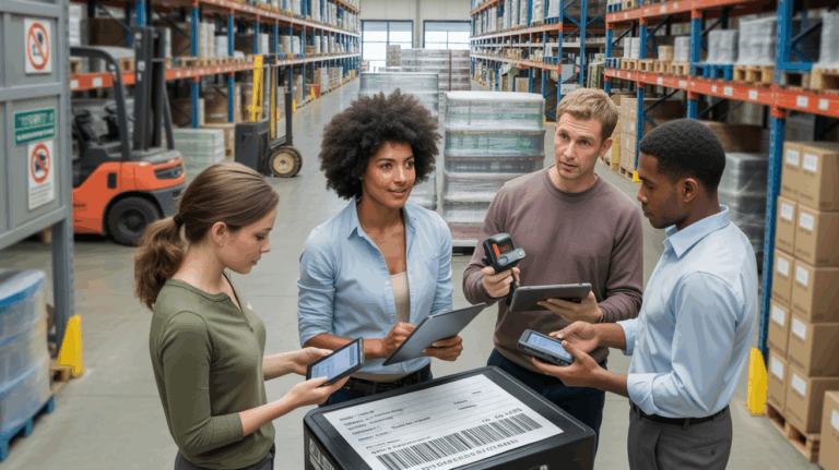 Scène réaliste d’adultes en formation logistique dans un centre moderne, pratiquant l’utilisation d’outils et d’équipements professionnels.