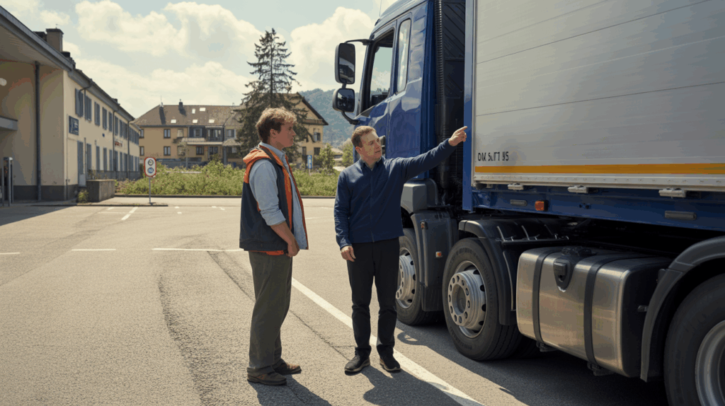 Scène réaliste d’un centre de formation routière avec un instructeur et un apprenant devant un camion de plus de 3,5 tonnes, en pleine explication des procédures de conduite.