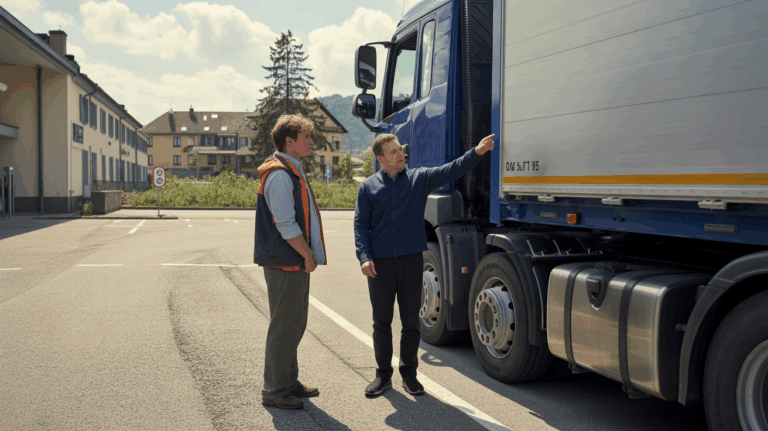 Scène réaliste d’un centre de formation routière avec un instructeur et un apprenant devant un camion de plus de 3,5 tonnes, en pleine explication des procédures de conduite.