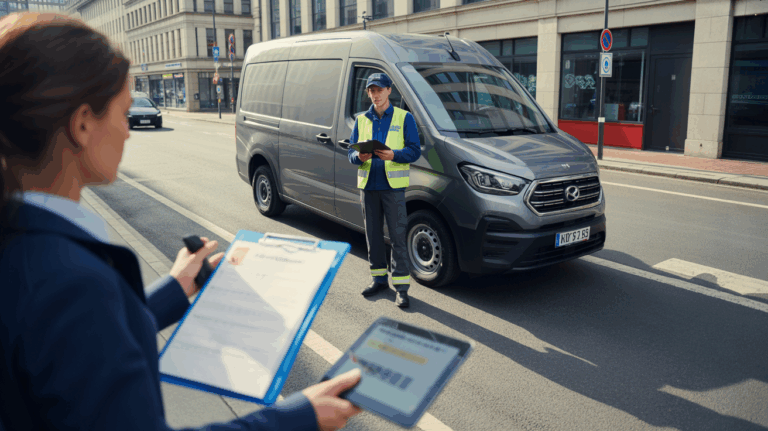 Scène réaliste d’un conducteur en formation inspectant un véhicule utilitaire léger devant un bâtiment de transport.