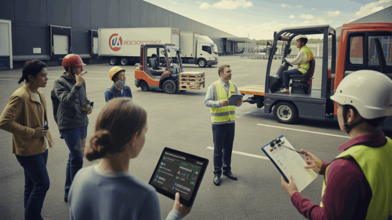 Scène réaliste montrant des apprenants en formation transport et logistique dans un centre de distribution moderne en 2026.