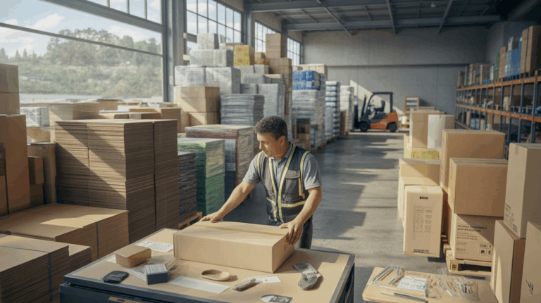 Scène réaliste dans un entrepôt moderne montrant des cartons et fournitures d’emballage, avec un employé inspectant des boîtes dans un décor industriel lumineux et naturel.