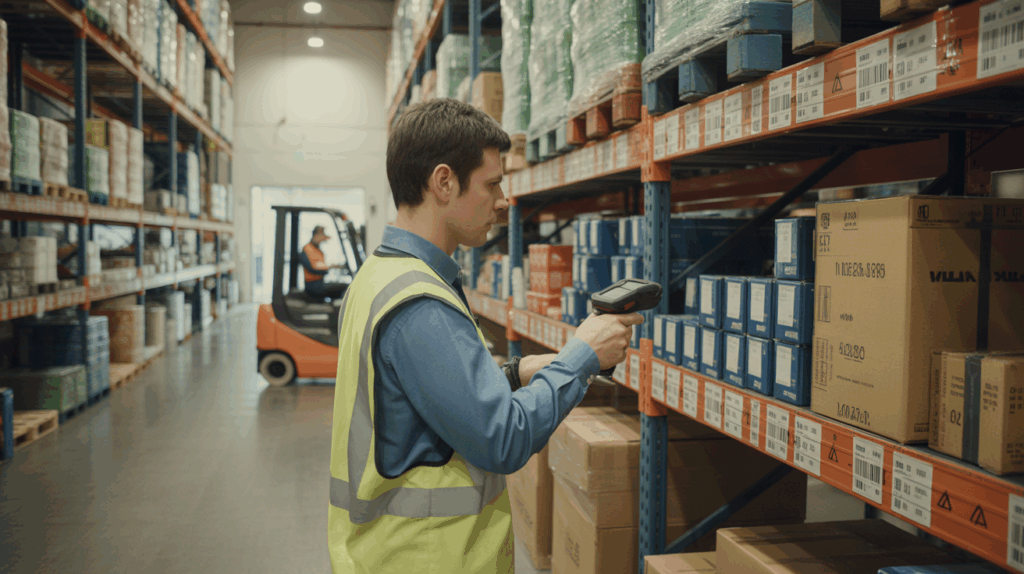 Scène réaliste dans un entrepôt avec un employé scannant des produits sur des étagères pour la gestion de stock.