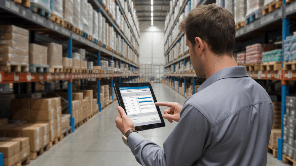 Scène réaliste dans un entrepôt moderne où un employé consulte une tablette pour gérer le stock, entouré d’étagères remplies de marchandises.