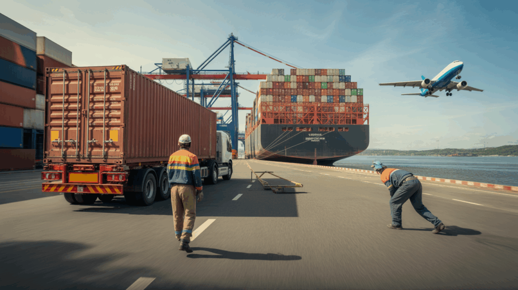 Scène réaliste d’un grand hub logistique en 2026 avec camion, cargo et avion en activité.