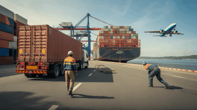 Scène réaliste d’un grand hub logistique en 2026 avec camion, cargo et avion en activité.