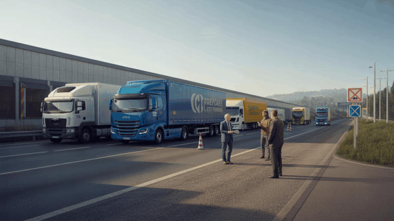 Scène réaliste d’un grand hub de transport routier en France avec plusieurs camions modernes et des chauffeurs au travail dans un décor naturel et authentique.