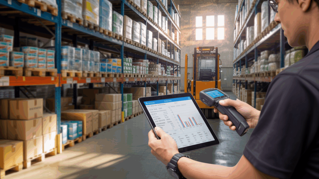 Scène réaliste dans un entrepôt avec un employé vérifiant des stocks sur tablette, illustrant le concept de stock de sécurité.