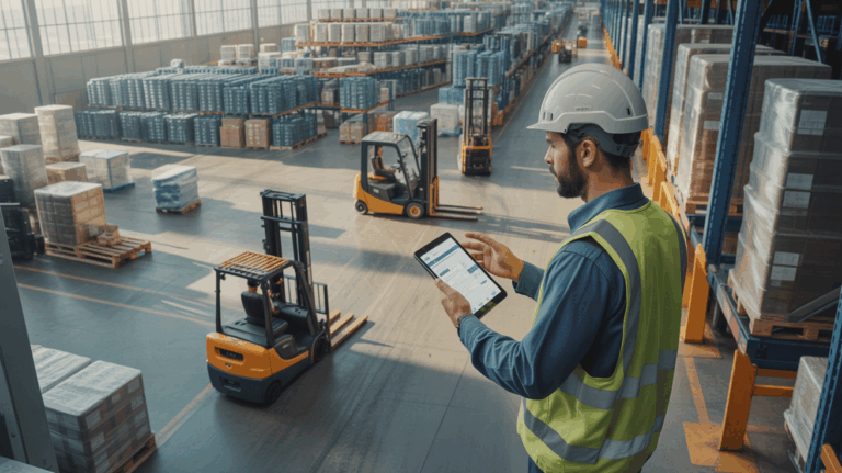 Ingénieur logistique inspectant un entrepôt moderne avec tablette, entouré de palettes, chariots élévateurs et systèmes automatisés, dans une scène réaliste et naturelle.