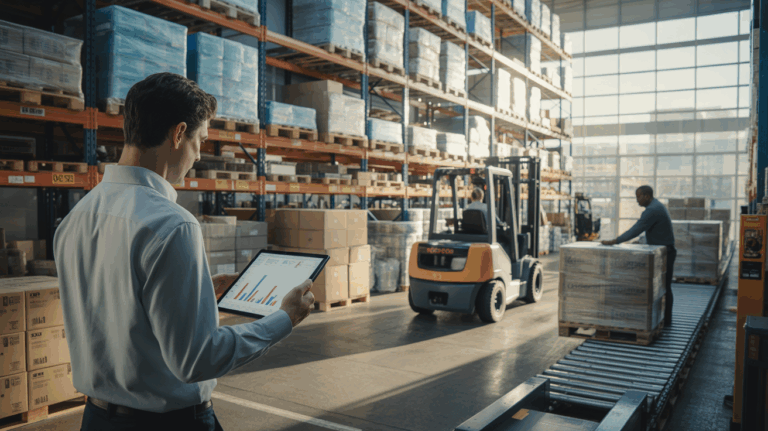 Ingénieur supply chain observant des données sur tablette dans un entrepôt logistique réel et animé, avec racks, chariots élévateurs et activité authentique.