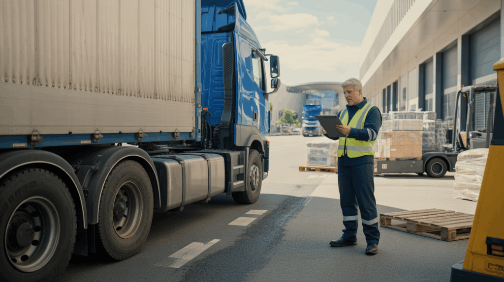 Scène réaliste d’un centre logistique avec un camion de transport inspecté par un professionnel vérifiant des documents, dans un environnement naturel et authentique.