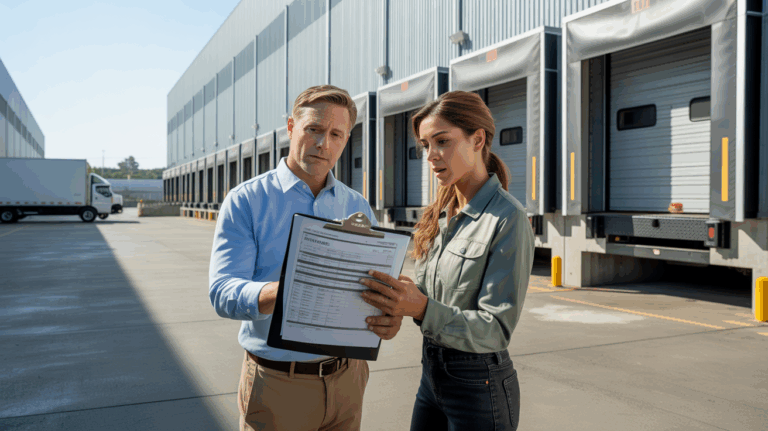 Professionnels inspectant un entrepôt logistique réel devant les quais de chargement lors d’une vérification avant la signature du bail.