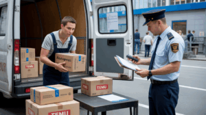Scène réaliste dans un entrepôt des douanes où un agent inspecte des colis en provenance de sites comme AliExpress et Temu.