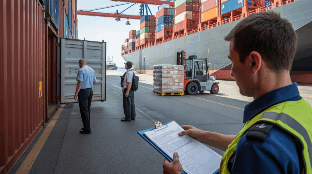 Scène réaliste d’un port international avec agents des douanes inspectant des marchandises et ouvrant un conteneur lors d’un contrôle d’importation.