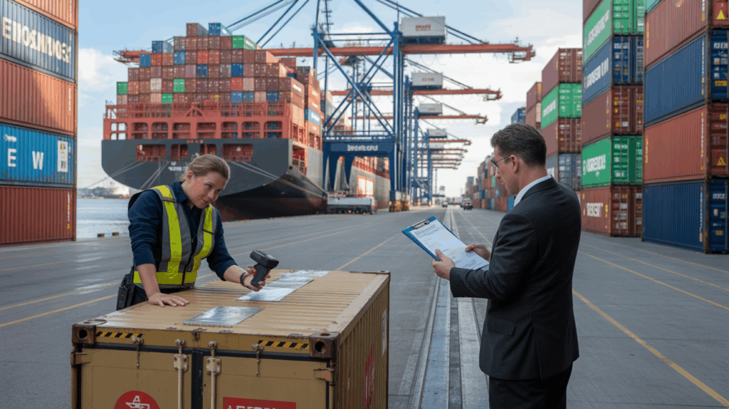 Scène réaliste montrant un agent des douanes inspectant un conteneur ouvert dans un port international pendant une procédure de dédouanement.