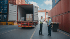 Inspection réaliste d’un camion et de son conteneur dans un port de fret, avec un agent vérifiant la marchandise.