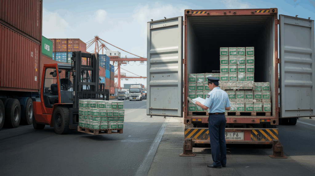 Scène réaliste d’un agent des douanes inspectant des marchandises dans un port avec conteneurs, camions et activité logistique authentique.
