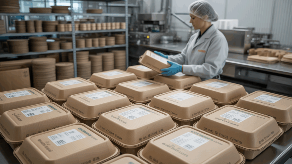 Technicien inspectant des emballages alimentaires en carton dans une installation réelle, montrant les contrôles de qualité et l’environnement industriel authentique.