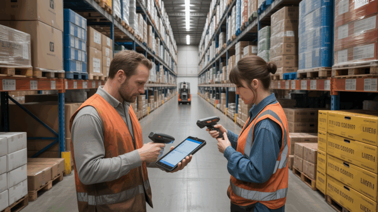 Scène réaliste dans un entrepôt où des employés effectuent un inventaire de stock avec scanners et tablette, entourés d’étagères remplies de cartons et de palettes.
