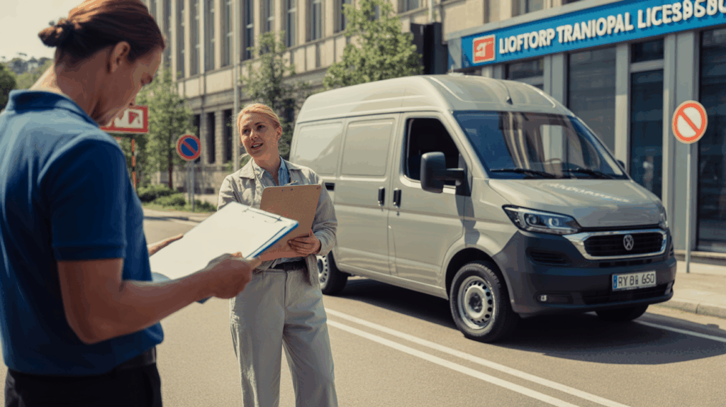 Scène réaliste devant un centre de formation au transport léger avec un candidat et un instructeur examinant des documents près d'un petit utilitaire.