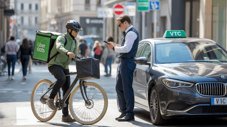 Scène urbaine réaliste montrant un livreur à vélo et un chauffeur VTC dans une rue européenne animée.