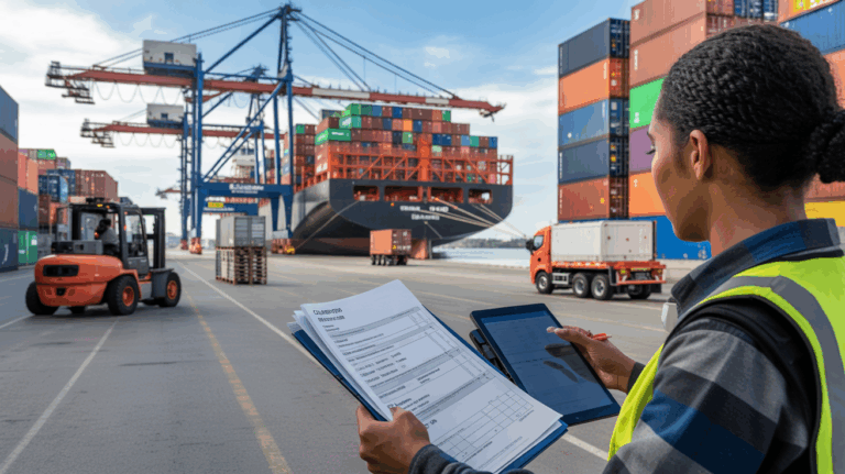 Scène réaliste d’un port international au lever du soleil avec un navire porte-conteneurs en chargement et un coordinateur logistique examinant des documents.