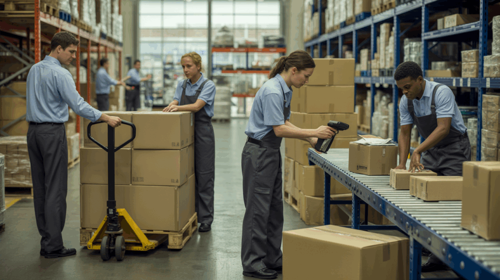 Scène réaliste dans un entrepôt logistique avec plusieurs employés effectuant des tâches simples comme déplacer des colis, scanner des codes-barres et trier des paquets.