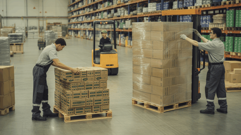 Scène réaliste d’un entrepôt montrant des travailleurs appliquant différentes méthodes de palettisation dans un environnement industriel authentique.