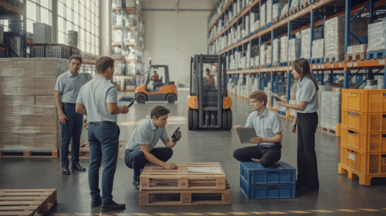Scène réaliste dans un entrepôt moderne montrant une équipe en formation logistique utilisant technologies et matériel professionnel.