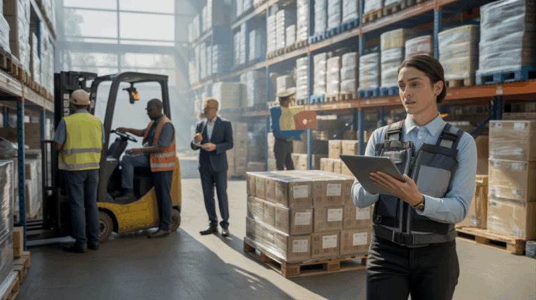 Scène réaliste dans un entrepôt logistique animé avec plusieurs métiers représentés, incluant cariste, coordinateur et superviseur, dans une ambiance naturelle et authentique.