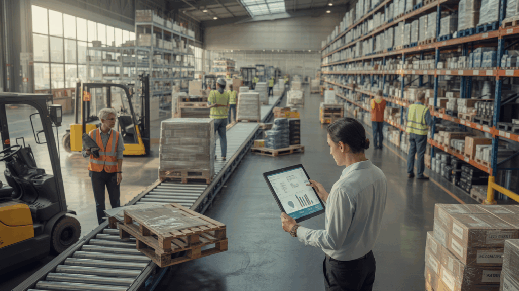 Scène réaliste d’un entrepôt logistique moderne avec plusieurs professionnels au travail.