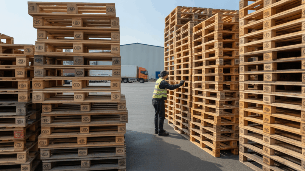 Scène réaliste dans une cour logistique montrant deux piles de palettes, l’une désordonnée et usée, l’autre organisée et consignée, avec un entrepôt en arrière-plan.