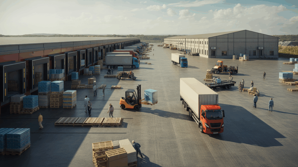 Scène réaliste montrant une plateforme logistique moderne active à côté d’un entrepôt traditionnel plus simple, illustrant clairement leurs différences.