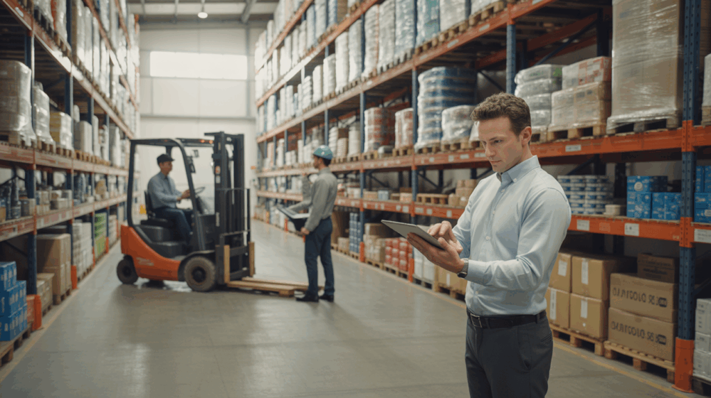 Scène réaliste d’un entrepôt logistique moderne avec un responsable examinant le stock et un cariste en action, montrant un environnement professionnel et authentique.