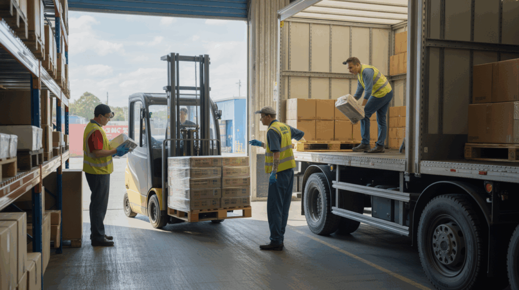 Scène réaliste d’un entrepôt où des employés réceptionnent et stockent des marchandises avec un chariot élévateur et des palettes.