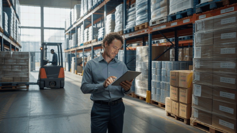 Responsable logistique observant un entrepôt moderne et réaliste, entouré de palettes, de convoyeurs et d’équipements authentiques.