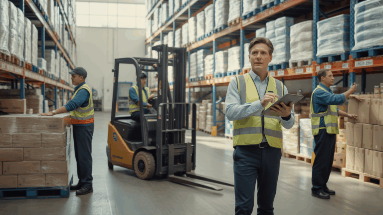 Scène réaliste d’un responsable logistique supervisant une équipe dans un entrepôt moderne et animé.